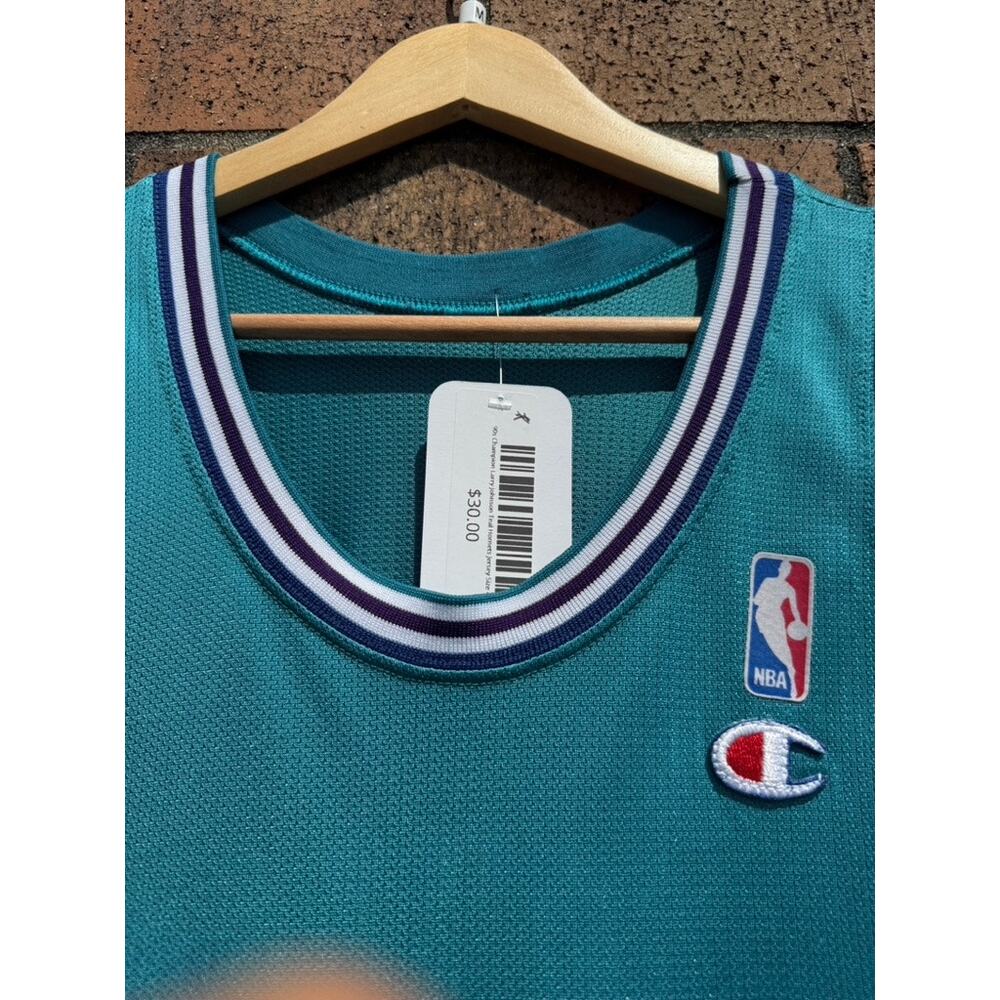 90s Champion Larry Johnson Vintage Teal Charlotte Hornets NBA Basketball Jersey - Picture 6 of 9